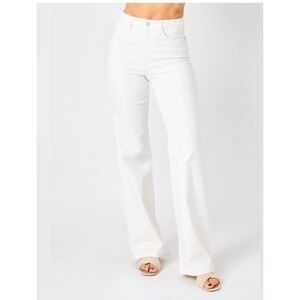 Judy Blue White High Waist Wide Leg Braided Waistband Raw Hem Jean JB88781 11/30